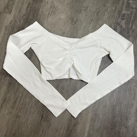 Off Shoulder Ribbed/Ruched Crop Long Sleeve Shirt White Size Small - Picture 1 of 4